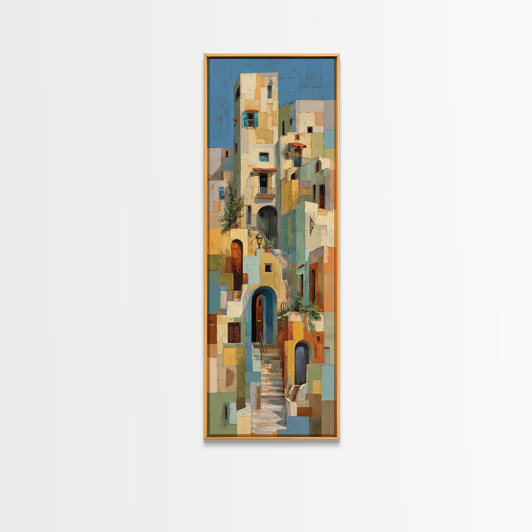 Blue City Alley Rendered as Painterly Shapes Canvas Print, Moroccan Art, Digital Art, Living Room Decor, Abstract Art, MOR-1x3-90