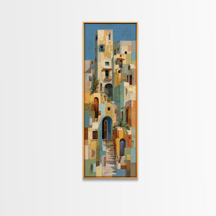 Blue City Alley Rendered as Painterly Shapes Canvas Print, Moroccan Art, Digital Art, Living Room Decor, Abstract Art, MOR-1x3-90