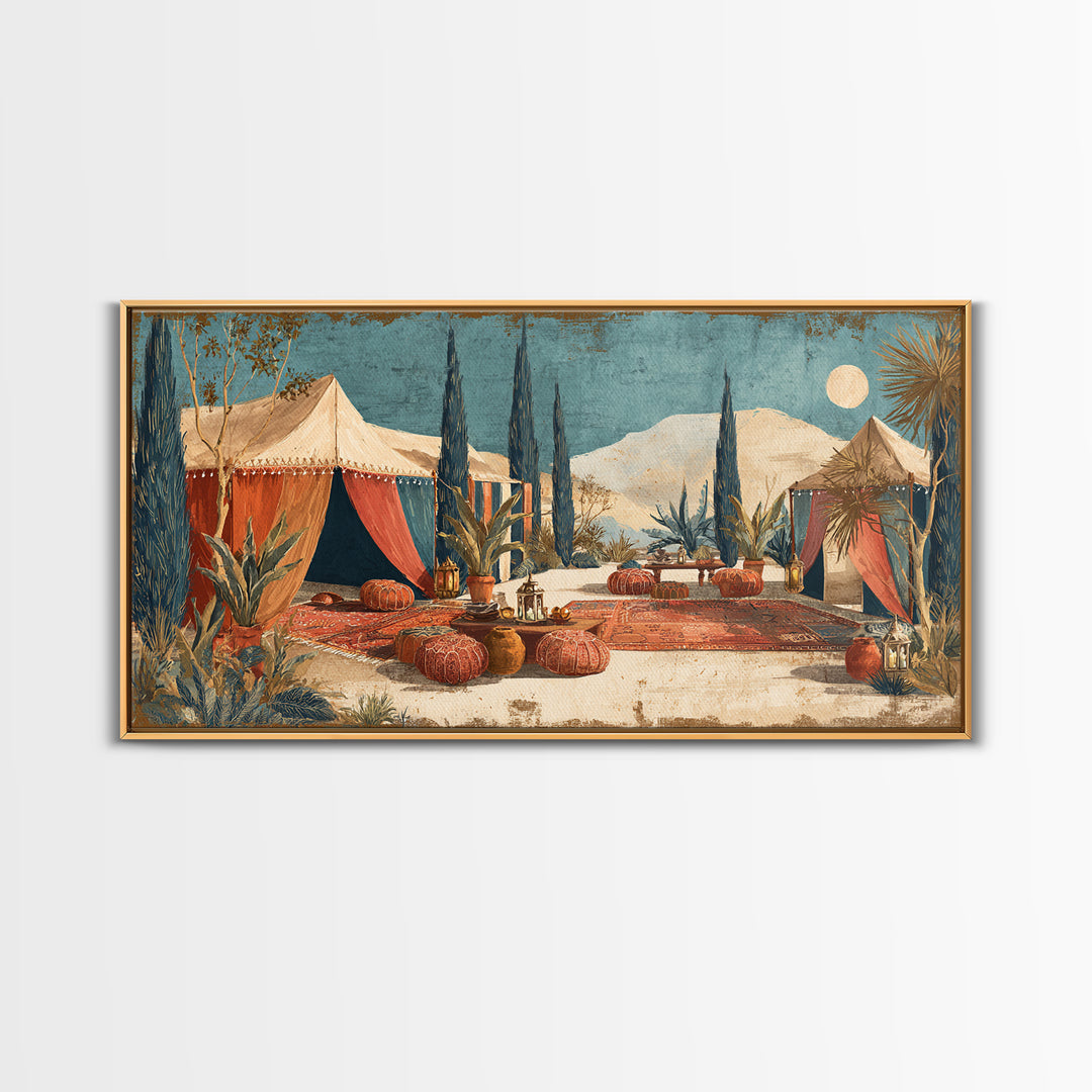 Desert Tent with Woven Rugs and Lanterns Framed Canvas Print, Moroccan Art, Art Prints, Living Room Decor, Fine Art, Marrakesh, MOR-2x1-10