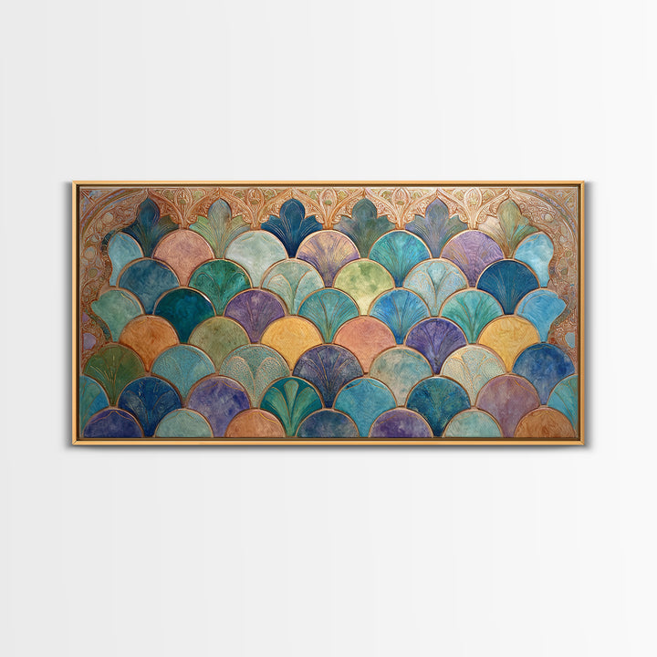 Turquoise Tile Fish Scale Pattern Canvas Print, Moroccan Art, Wall Art Print, Living Room Decor, Fine Art, Marrakesh, MOR-2x1-17