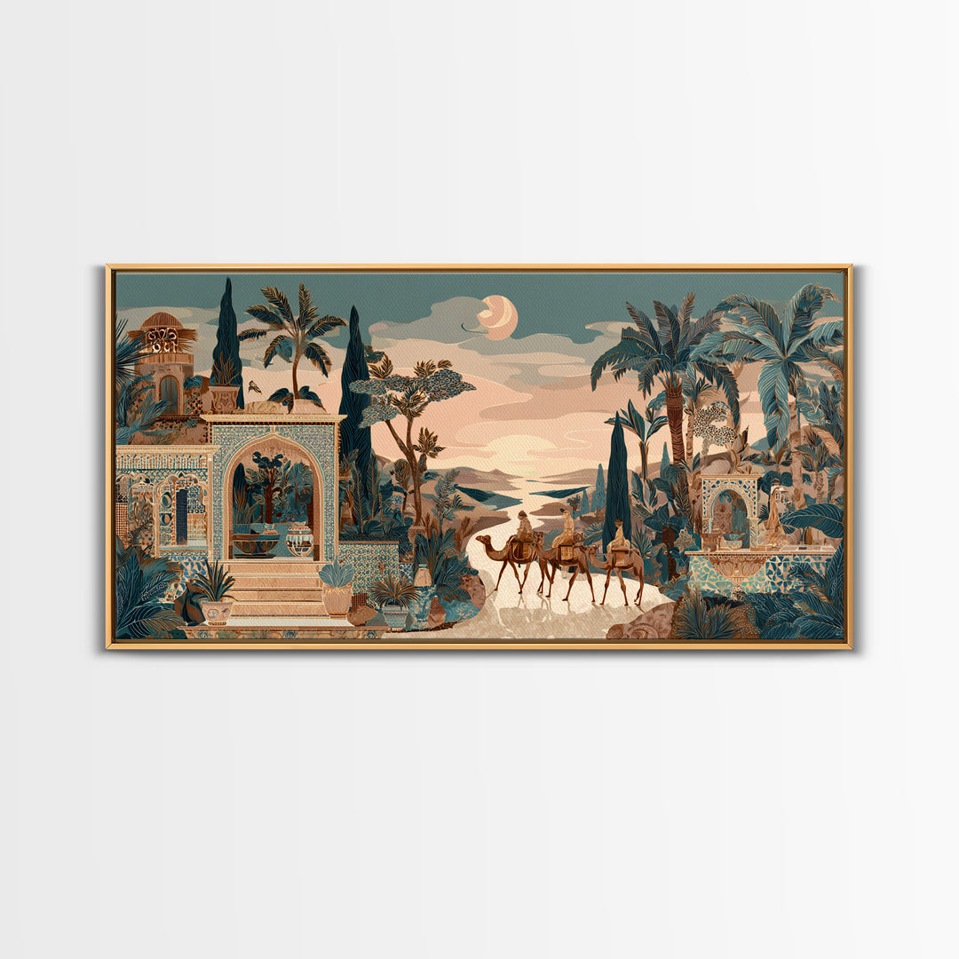 Desert Camel Caravan Framed Canvas Print, Moroccan Art, Boho Wall Art, Living Room Decor, Fine Art, Marrakesh, Map Wall Art, MOR-2x1-23