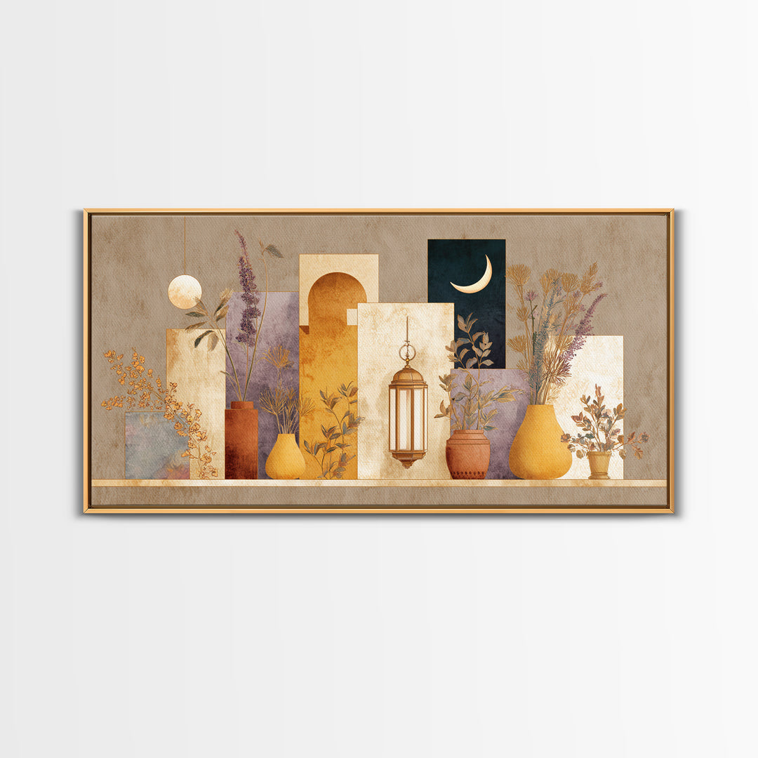 Camel Silhouette Beneath Crescent Moon Framed Canvas Print, Moroccan Art, African Art, Living Room Decor, Fine Art, Marrakesh, MOR-2x1-55