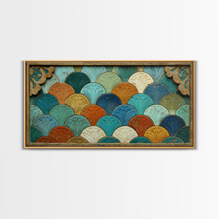Turquoise Tile Fish Scale Pattern Framed Canvas Print, Moroccan Art, Living Room Rug, Living Room Decor, Abstract Art, MOR-2x1-65