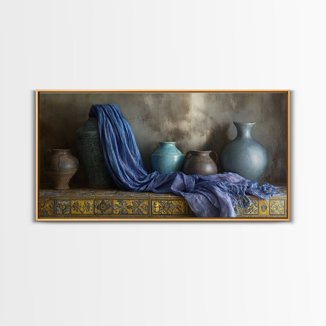 Tuareg Blue Scarf Portrait Framed Canvas Print, Moroccan Art, Living Room Decor, Marrakesh, Travel Poster, Map Wall Art, MOR-2x1-86