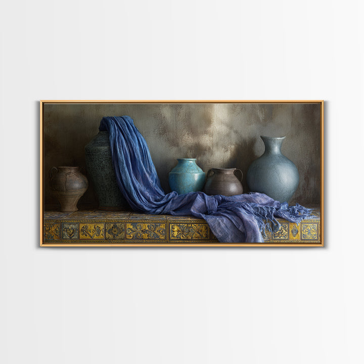 Tuareg Blue Scarf Portrait Framed Canvas Print, Moroccan Art, Living Room Decor, Marrakesh, Travel Poster, Map Wall Art, MOR-2x1-86