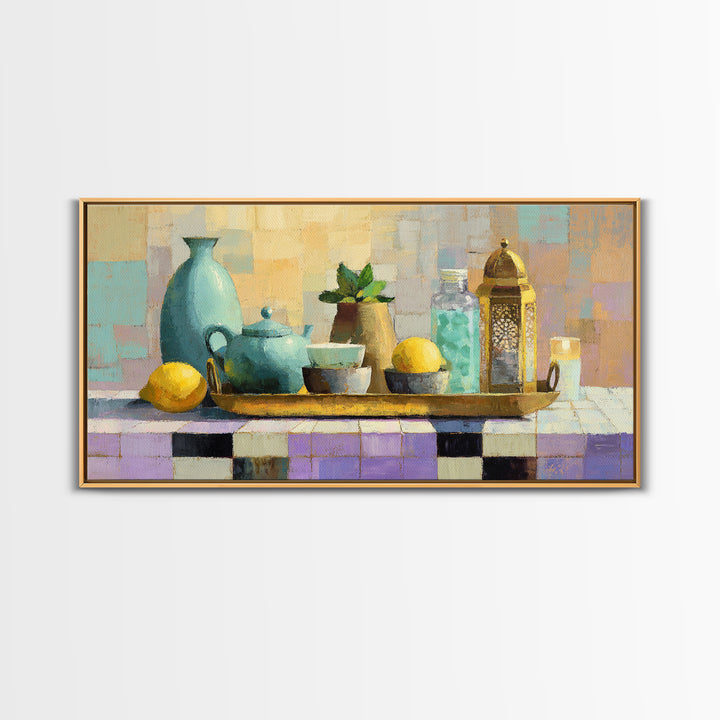 Moroccan Tea Set Framed Canvas Print, Moroccan Art, Gallery Wall Set, Living Room Decor, Oil Painting, Marrakesh, MOR-2x1-96