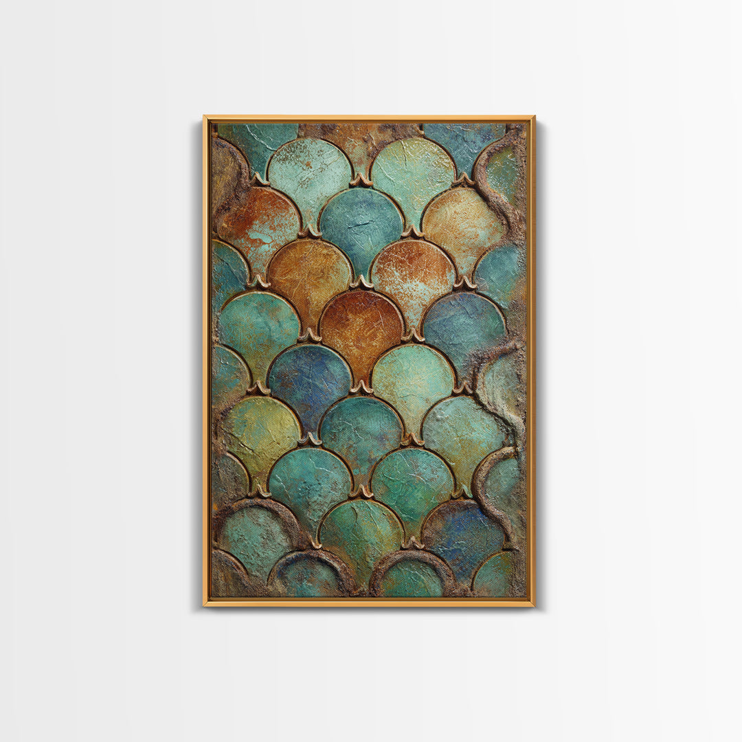 Turquoise Tile Fish Scale Pattern Framed Canvas Print, Moroccan Art, Gallery Wall Set, Living Room Decor, Oil Painting, MOR-2x3-53