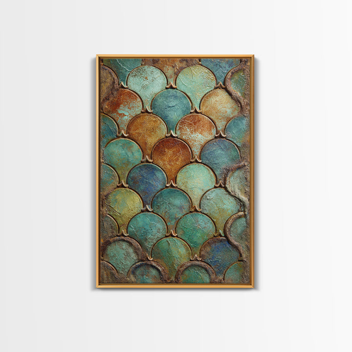 Turquoise Tile Fish Scale Pattern Framed Canvas Print, Moroccan Art, Gallery Wall Set, Living Room Decor, Oil Painting, MOR-2x3-53
