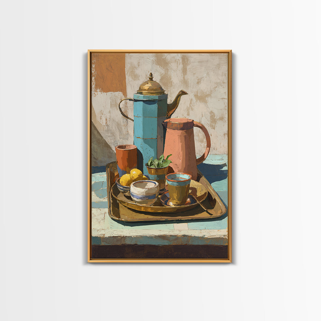 Moroccan Tea Set Framed Canvas Print, Moroccan Art, African Art, Living Room Decor, Fine Art, Marrakesh, Neutral Decor, MOR-2x3-60