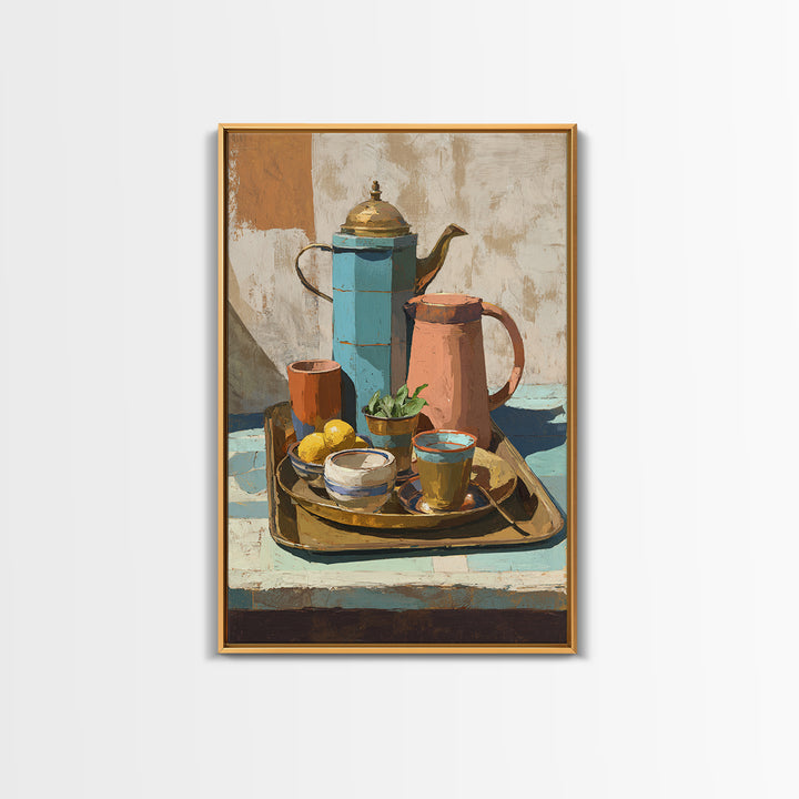 Moroccan Tea Set Framed Canvas Print, Moroccan Art, African Art, Living Room Decor, Fine Art, Marrakesh, Neutral Decor, MOR-2x3-60