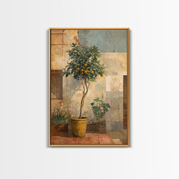 Orange Tree in Tiled Courtyard Framed Canvas Print, Moroccan Art, Neutral Wall Art, Living Room Decor, Fine Art, Marrakesh, MOR-2x3-69