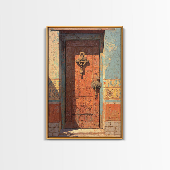 Patterned Door Hardware and Carved Wood Detail Framed Canvas Print, Moroccan Art, Modern Rug, Living Room Decor, Marrakesh, MOR-2x3-75