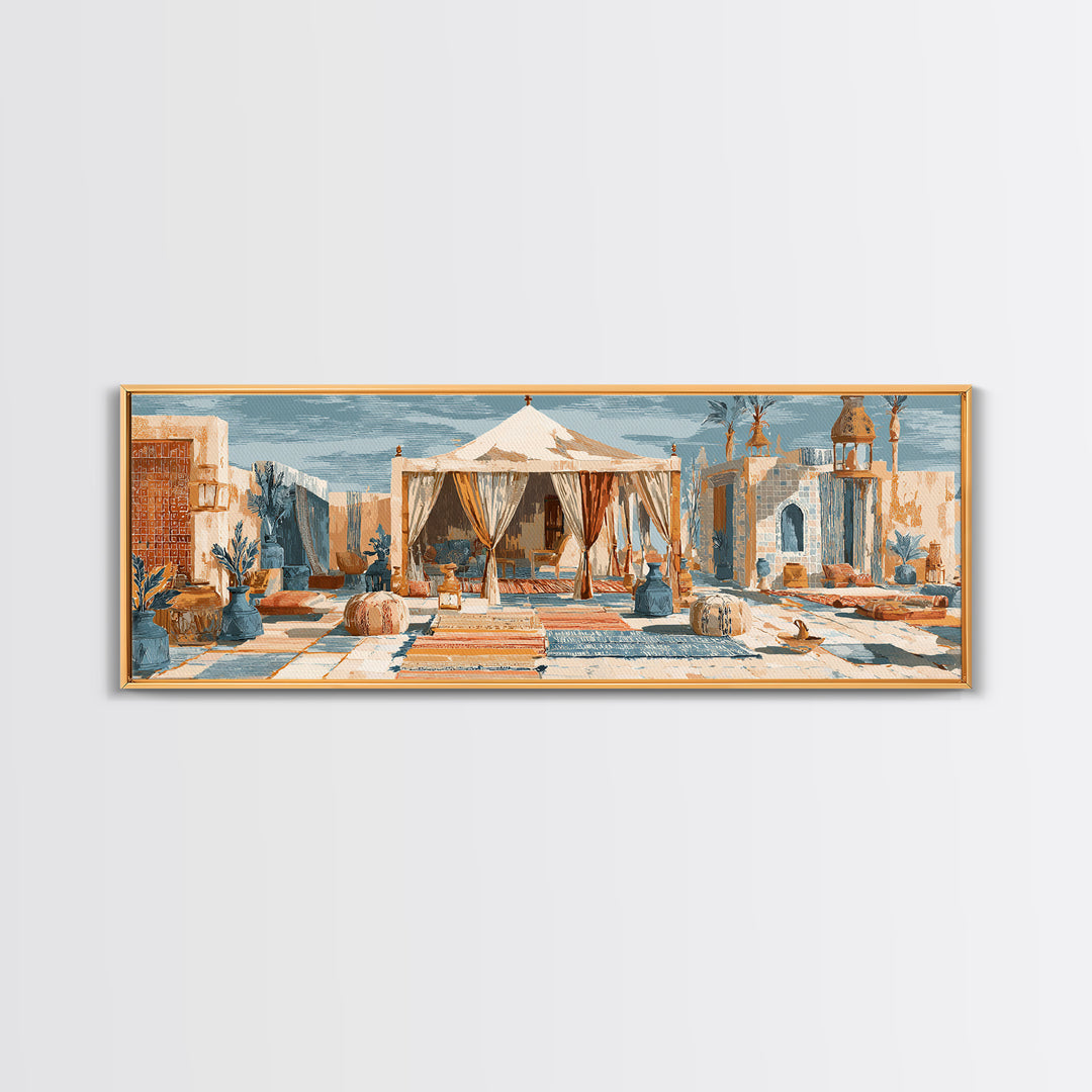 Desert Tent with Woven Rugs and Lanterns Canvas Print, Moroccan Art, Modern Decor, Living Room Decor, Fine Art, Marrakesh, MOR-3x1-54