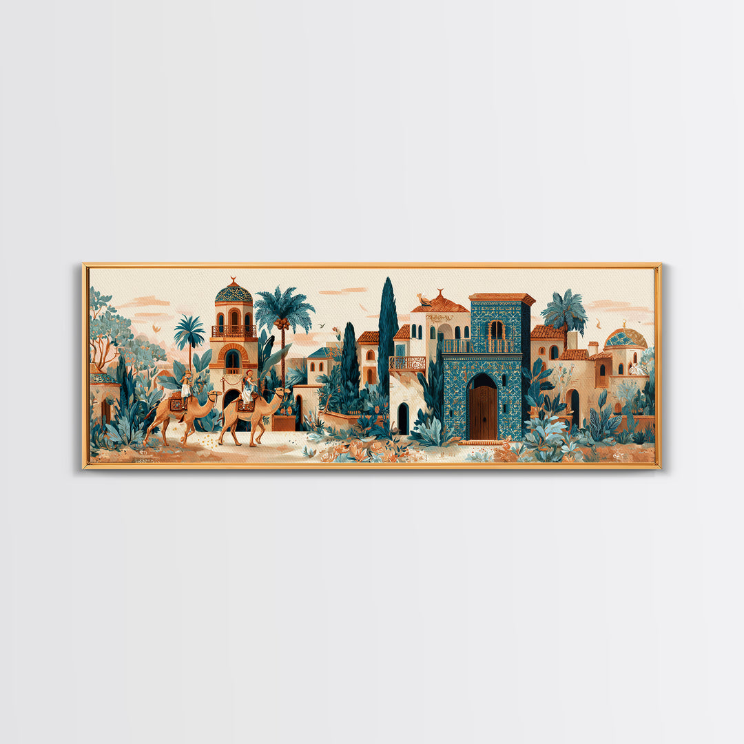 Desert Camel Caravan Framed Canvas Print, Moroccan Art, Boho Decor, Living Room Decor, Fine Art, Marrakesh, Ramadan Decor, MOR-3x1-67