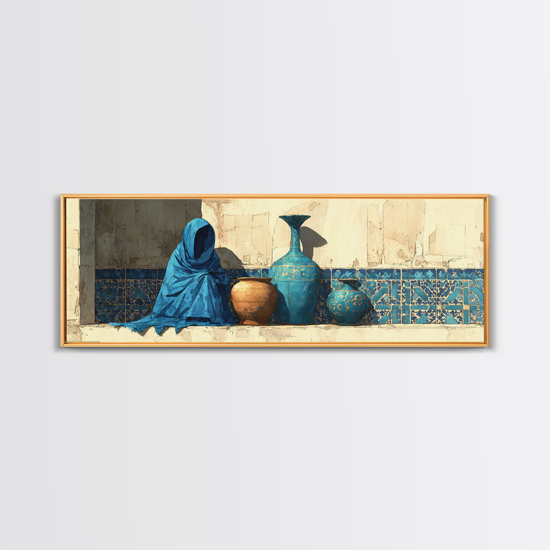 Tuareg Blue Scarf Portrait Framed Canvas Print, Moroccan Art, Gallery Wall Set, Living Room Decor, Fine Art, Marrakesh, MOR-3x1-82