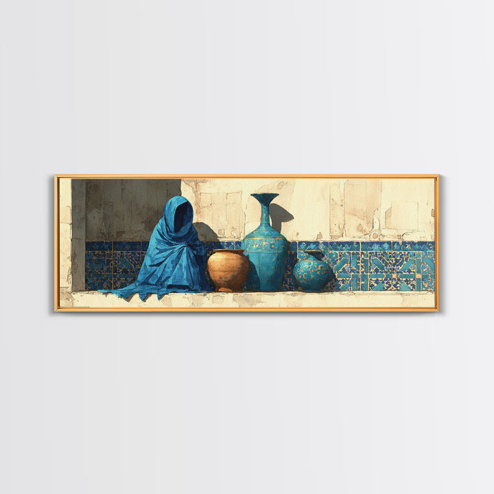 Tuareg Blue Scarf Portrait Framed Canvas Print, Moroccan Art, Gallery Wall Set, Living Room Decor, Fine Art, Marrakesh, MOR-3x1-82