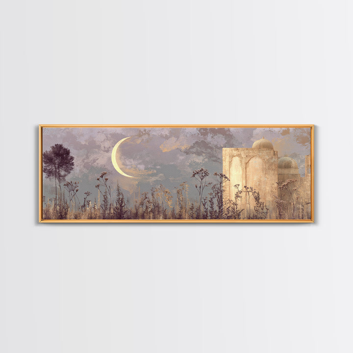 Camel Silhouette Beneath Crescent Moon Framed Canvas Print, Moroccan Art, Living Room Rug, Living Room Decor, Marrakesh, MOR-3x1-99