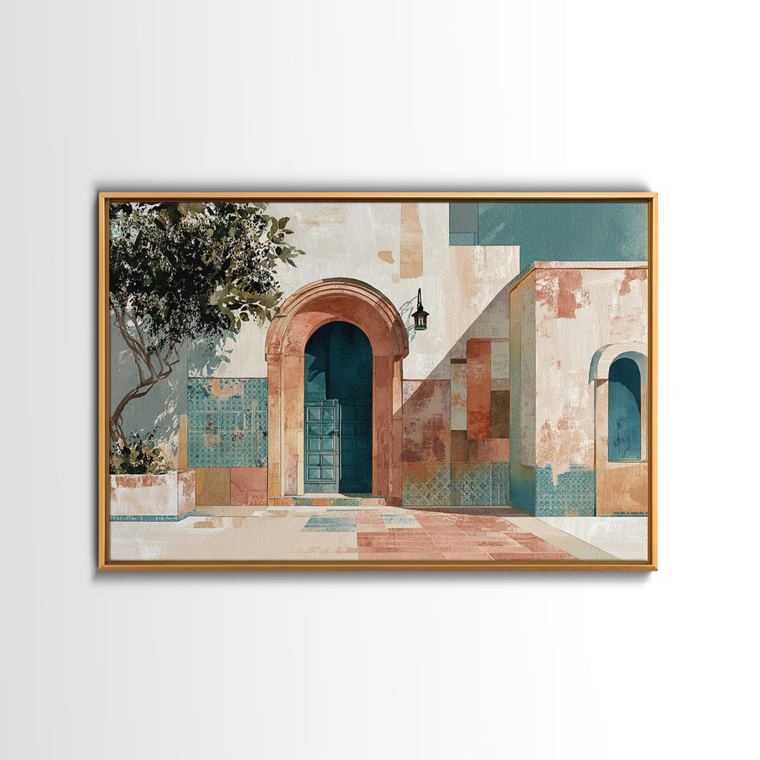 Arched Doorway with Lantern Glow and Patterned Canvas Print, Moroccan Art, Ramadan Decor, Living Room Decor, Marrakesh, MOR-3x2-30