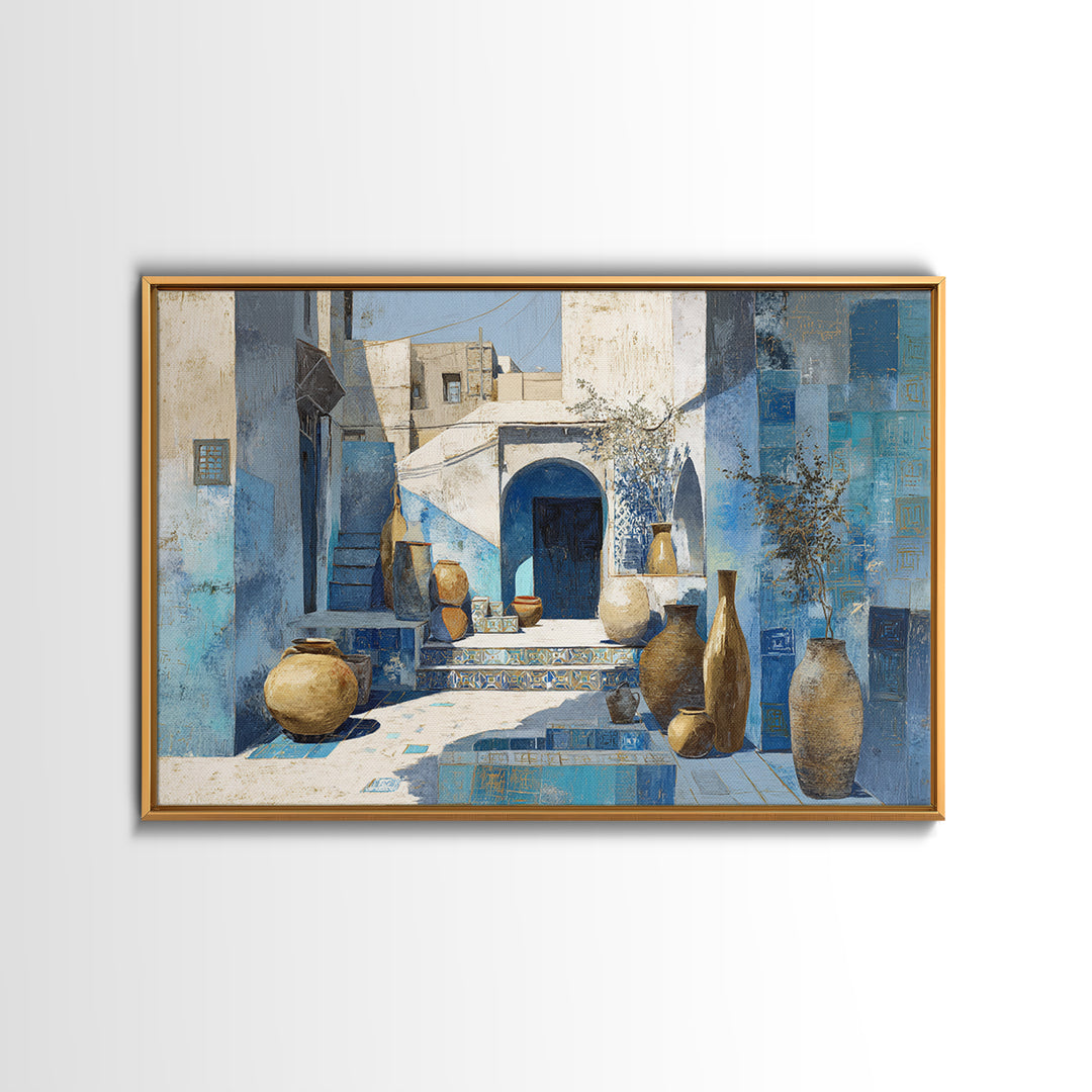 Blue City Alley Rendered as Painterly Shapes Canvas Print, Moroccan Art, Travel Wall Art, Living Room Decor, Abstract Art, MOR-3x2-58