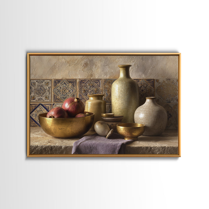 Pomegranate and Brass Bowl Still Life Framed Canvas Print, Moroccan Art, Moroccan Decor, Living Room Decor, Oil Painting, MOR-3x2-74