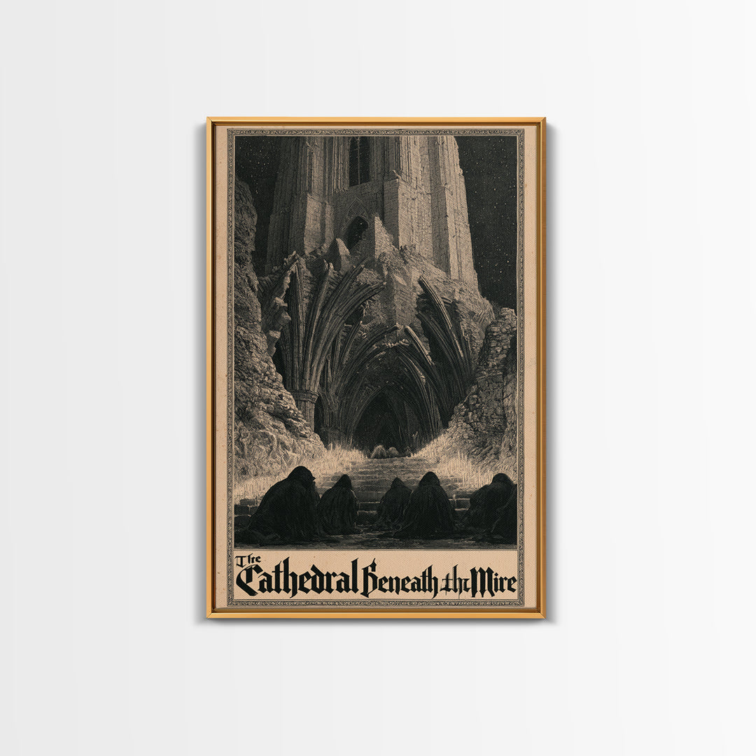 The Cathedral Beneath The Mire, English Language Horror Movie Poster, Gothic Engraving Art, Retro Horror Movie Art, Canvas Print