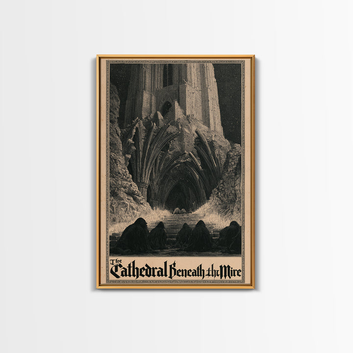 The Cathedral Beneath The Mire, English Language Horror Movie Poster, Gothic Engraving Art, Retro Horror Movie Art, Canvas Print