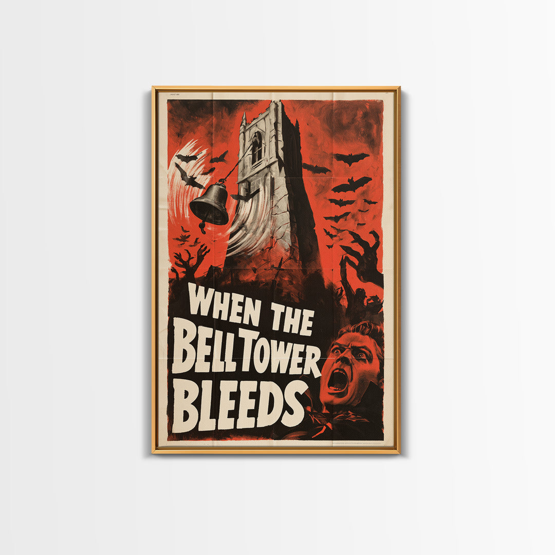 When The Bell Tower Bleeds, English Language Horror Movie Poster, 1950s Creature-Feature One-Sheet Inspired Art, Cult Horror Poster