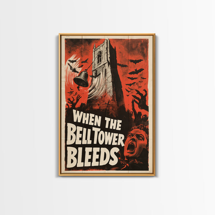 When The Bell Tower Bleeds, English Language Horror Movie Poster, 1950s Creature-Feature One-Sheet Inspired Art, Cult Horror Poster