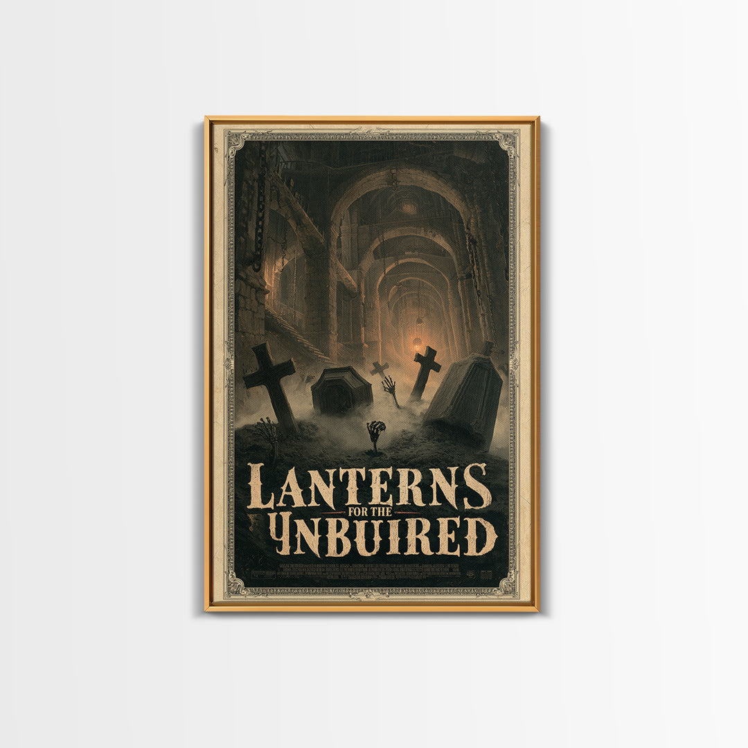 Lanterns For The Unburied, English Language Horror Movie Poster, Architectural Etching Art, Retro Horror Movie Art