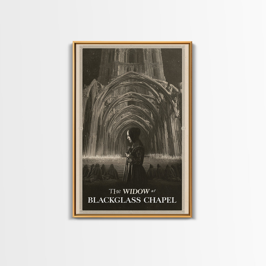 The Widow At Blackglass Chapel, English Language Horror Movie Poster, Gothic Engraving Art, Retro Horror Movie Art, Canvas Print