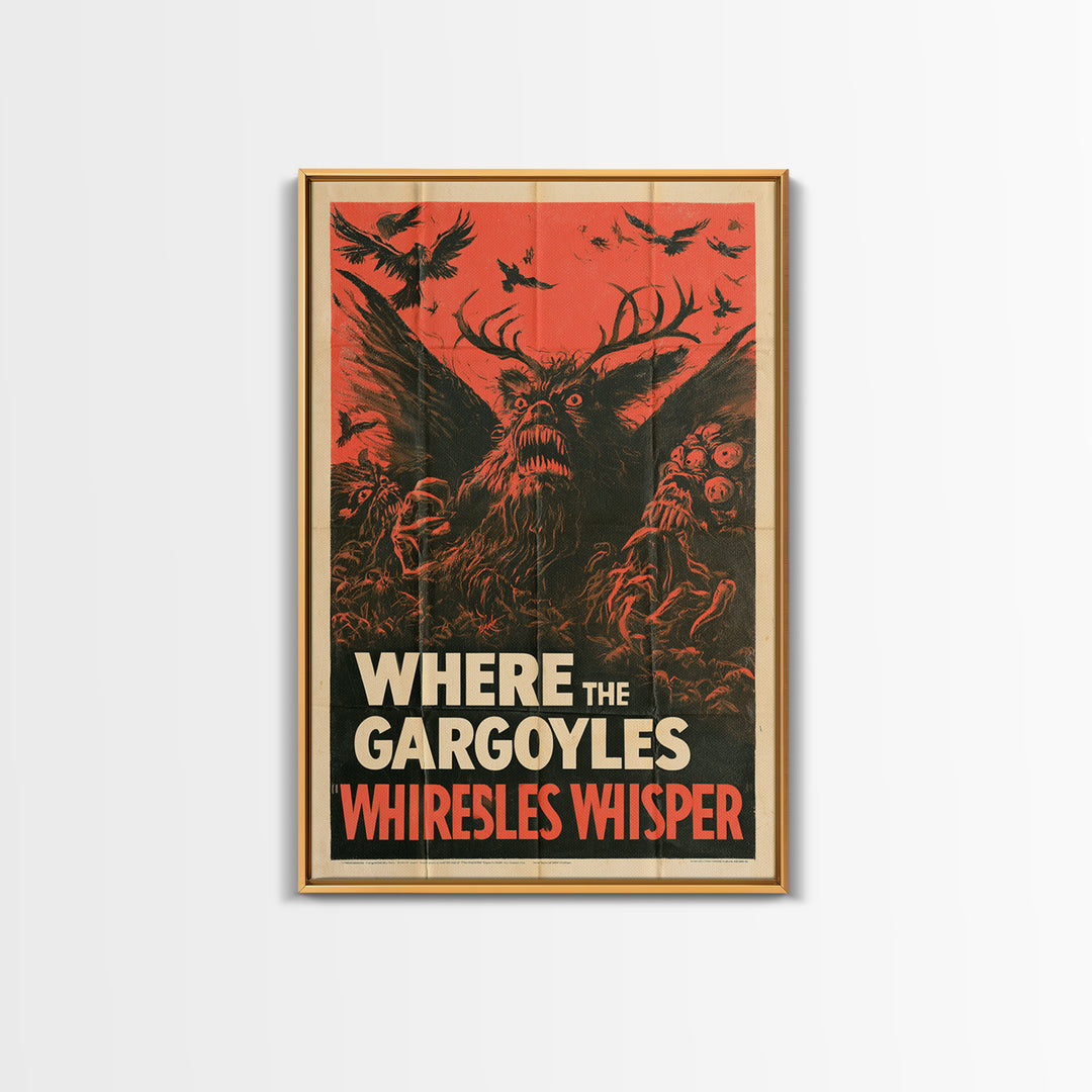 Where The Gargoyles Whisper, English Language Horror Movie Poster, 1950s Creature-Feature One-Sheet Inspired Art, Cult Horror Poster