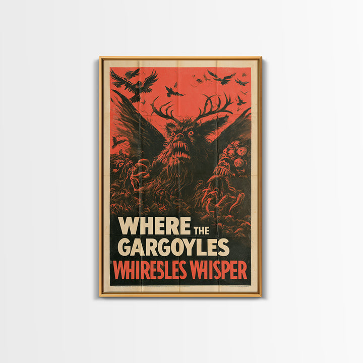 Where The Gargoyles Whisper, English Language Horror Movie Poster, 1950s Creature-Feature One-Sheet Inspired Art, Cult Horror Poster