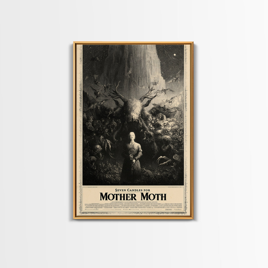 Seven Candles For Mother Moth, English Language Horror Movie Poster, Gothic Engraving Art, Retro Horror Movie Art, Framed Canvas Print