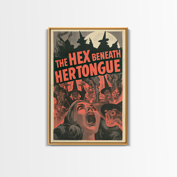 The Hex Beneath Her Tongue, English Language Horror Movie Poster, 1950s Creature-Feature One-Sheet Inspired Art, Gothic Cinema Wall Art