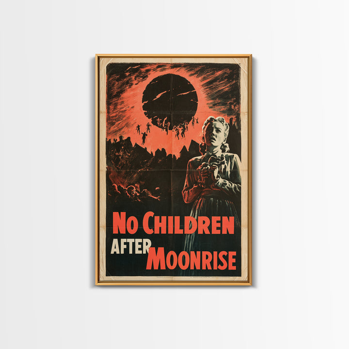No Children After Moonrise, English Language Horror Movie Poster, 1950s Creature-Feature One-Sheet Inspired Art, Retro Horror Movie Art