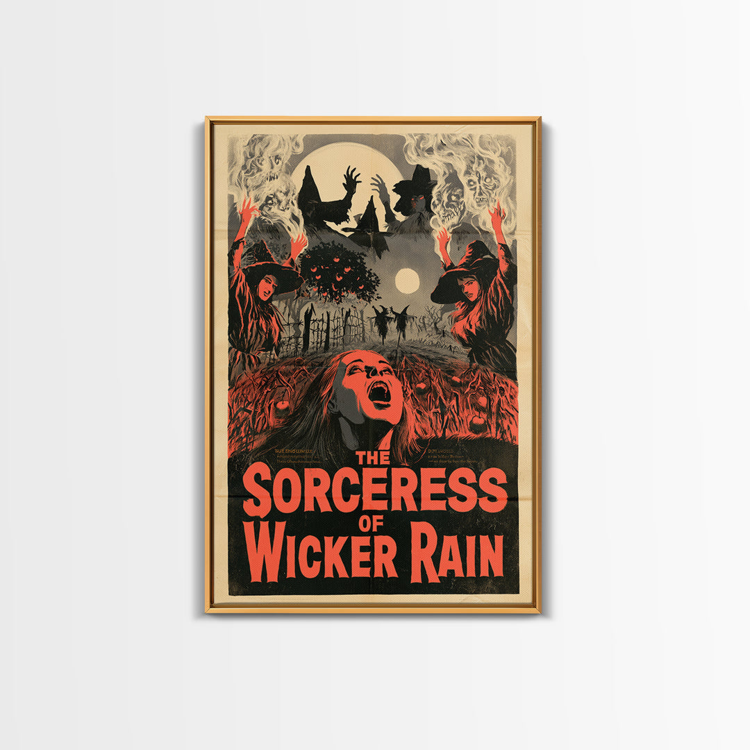 The Sorceress Of Wicker Rain, English Language Horror Movie Poster, 1950s Creature-Feature One-Sheet Inspired Art, Retro Horror Movie Art
