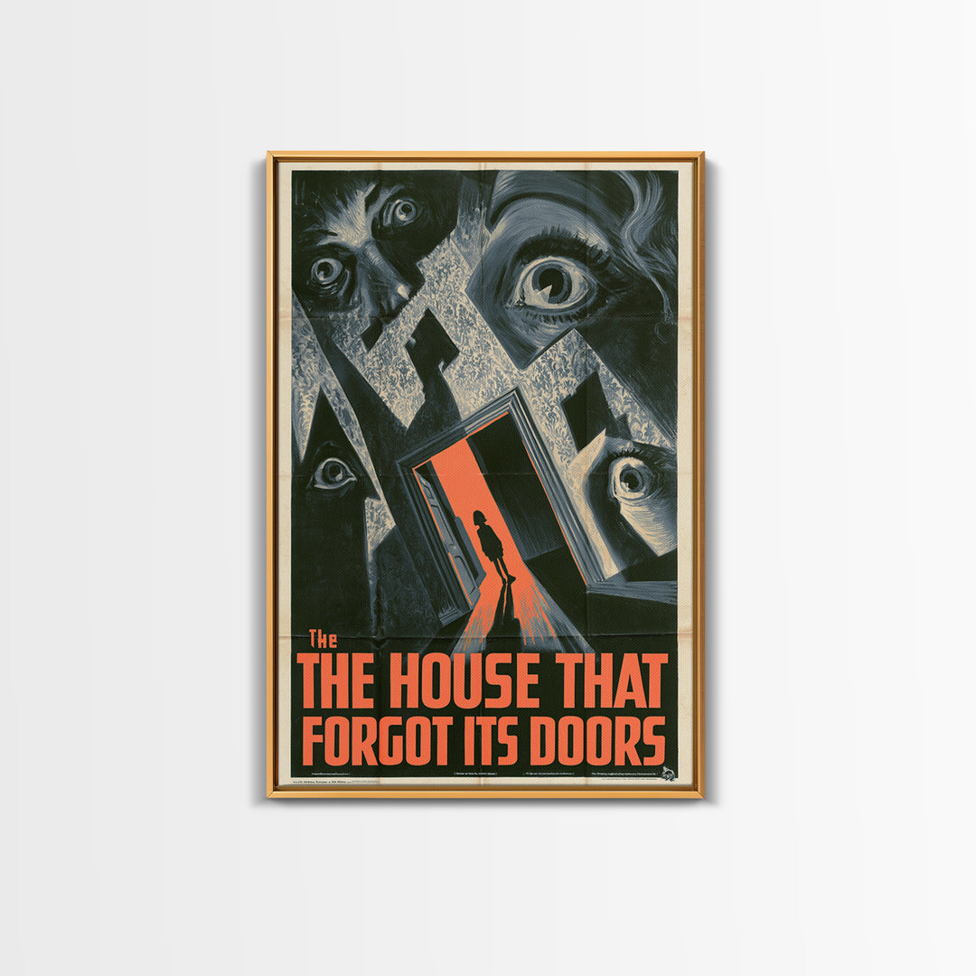 The House That Forgot Its Doors, English Language Horror Movie Poster, 1930s Horror Art, Retro Horror Movie Art, Framed Canvas Print