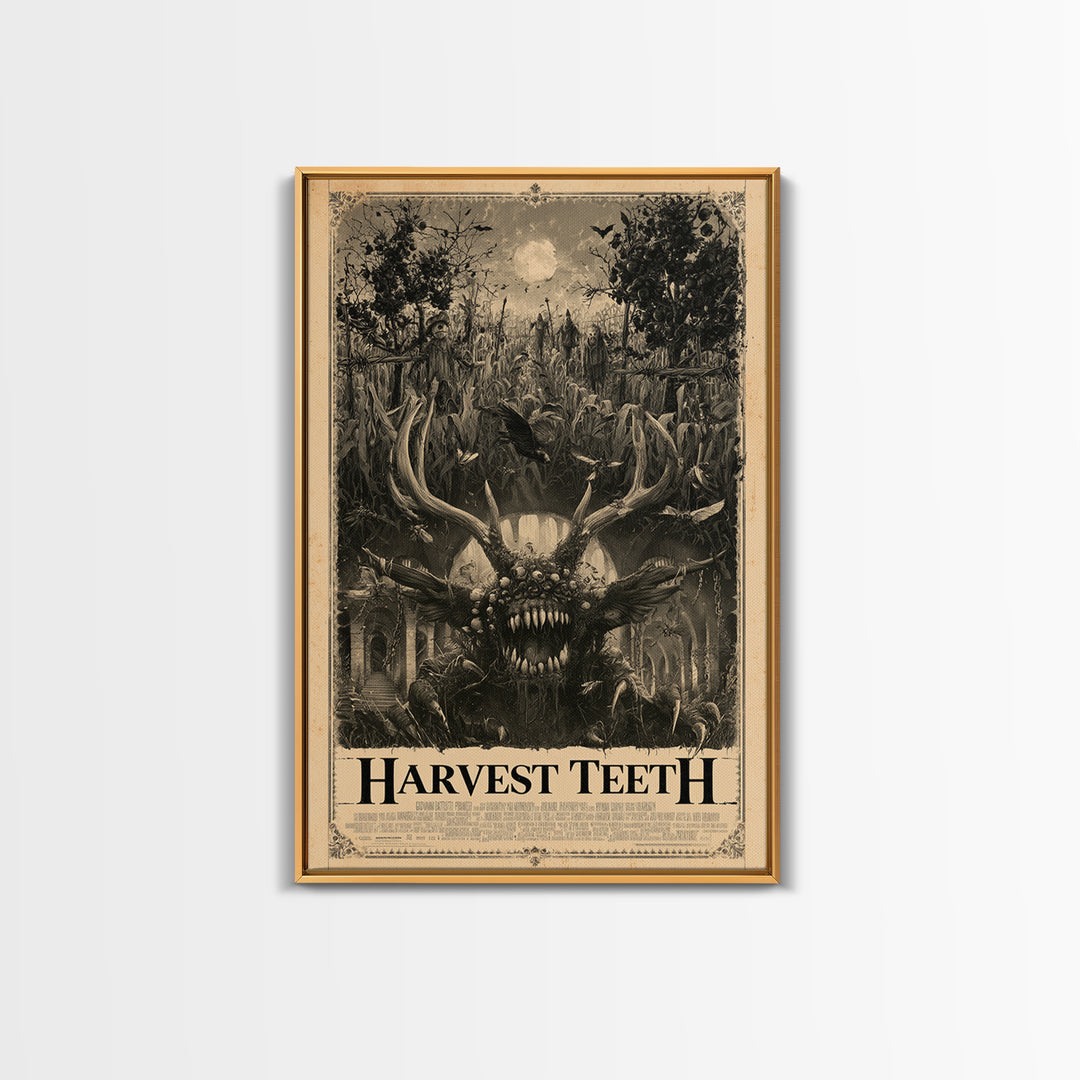 Harvest Teeth, English Language Horror Movie Poster, Architectural Etching Art, Classic Monster Poster, Framed Canvas Print