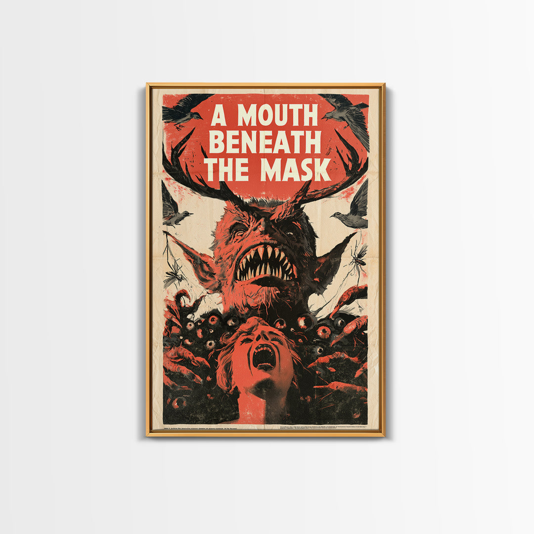 A Mouth Beneath The Mask, English Language Horror Movie Poster, 1950s Creature-Feature One-Sheet Inspired Art, Classic Monster Poster