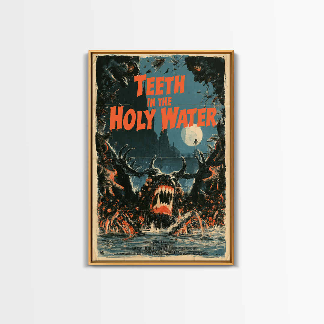 Teeth In The Holy Water, English Language Horror Movie Poster, Giallo Horror Art, Classic Monster Poster, Framed Canvas Print