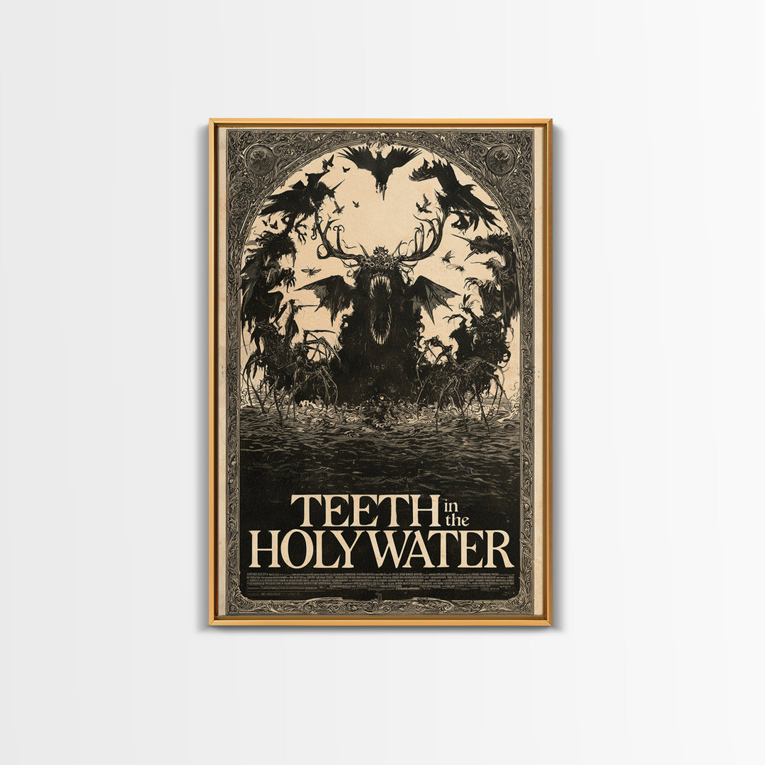 Teeth In The Holy Water, English Language Horror Movie Poster, Decadent Line Art, Classic Monster Poster, Framed Canvas Print