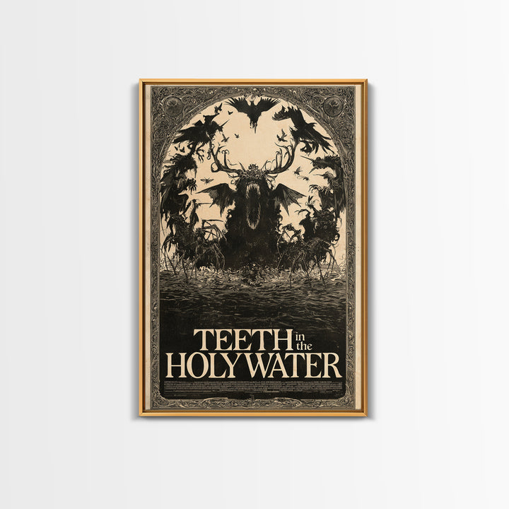 Teeth In The Holy Water, English Language Horror Movie Poster, Decadent Line Art, Classic Monster Poster, Framed Canvas Print
