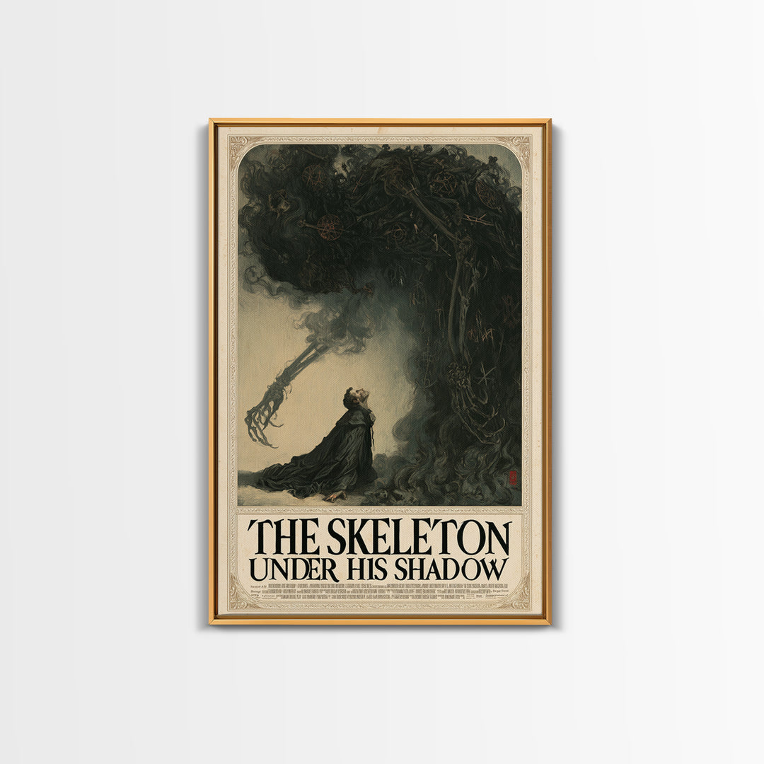 The Skeleton Under His Shadow, English Language Horror Movie Poster, Gothic Nightmare Art, Cult Horror Poster, Framed Canvas Print