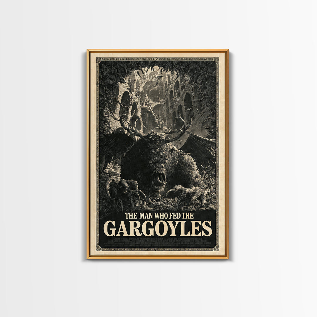 The Man Who Fed The Gargoyles, English Language Horror Movie Poster, Architectural Etching Art, Cult Horror Poster