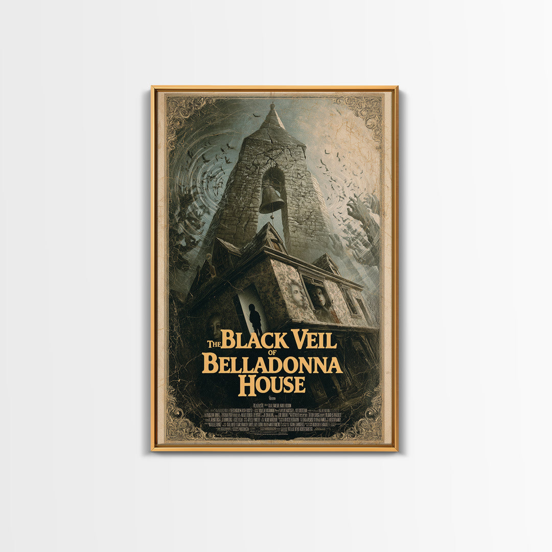 The Black Veil Of Belladonna House, English Language Horror Movie Poster, 1980s Vhs Nightmare Cover Inspired Art, Cult Horror Poster