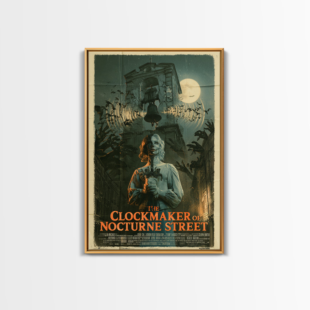 The Clockmaker Of Nocturne Street, English Language Horror Movie Poster, Giallo Horror Art, Retro Horror Movie Art, Framed Canvas Print