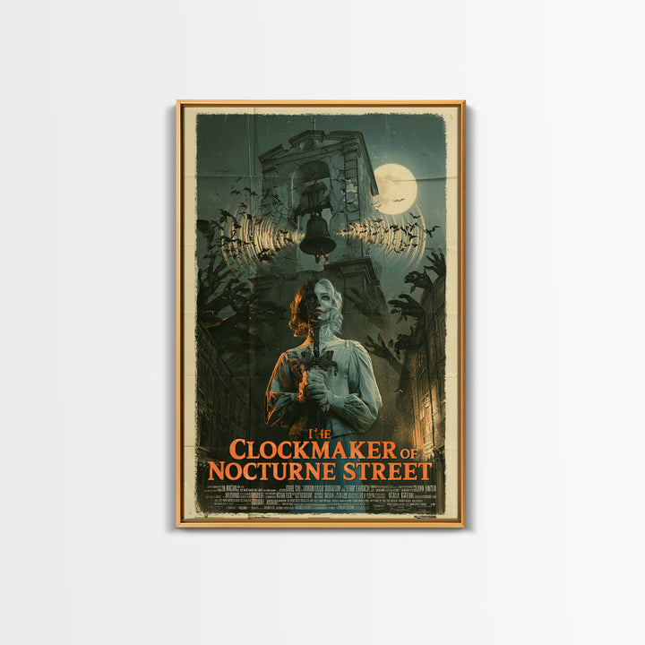 The Clockmaker Of Nocturne Street, English Language Horror Movie Poster, Giallo Horror Art, Retro Horror Movie Art, Framed Canvas Print