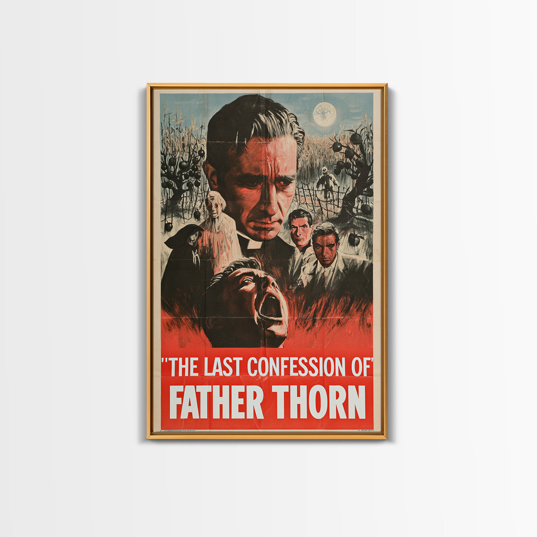 The Last Confession Of Father Thorn, English Language Horror Movie Poster, 1950s Creature-Feature One-Sheet Inspired Art, Cult Horror Poster