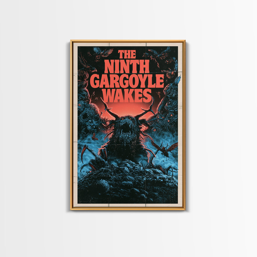 The Ninth Gargoyle Wakes, English Language Horror Movie Poster, 1980s Vhs Nightmare Cover Inspired Art, Classic Monster Poster