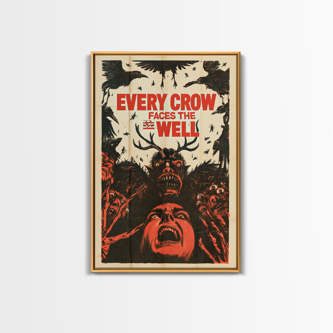 Every Crow Faces The Well, English Language Horror Movie Poster, 1950s Creature-Feature One-Sheet Inspired Art, Classic Monster Poster
